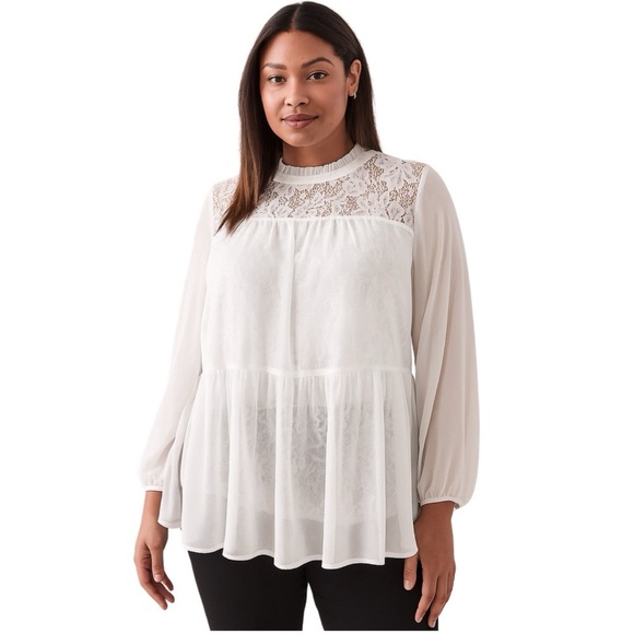Torrid New Lace With Chiffon Overlay Blouse Cloud Dancer White Plus 2 18 20 2X - Picture 1 of 15